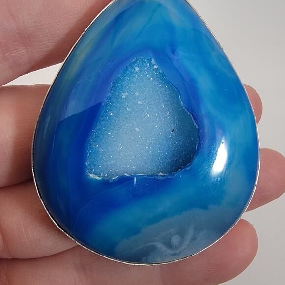 Handmade Silver Pendant Featuring Blue Druzy Agate Teardrop Crystal Slice Design - Picture 7 of 10